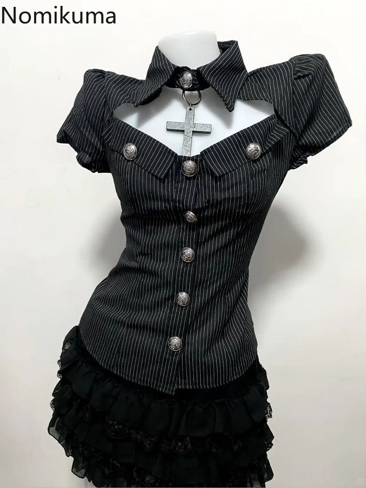 Summer Clothing Juniors - Goth Zweiteiler Damenkleidung Ausgeschnittene Taillierte Gestreifte