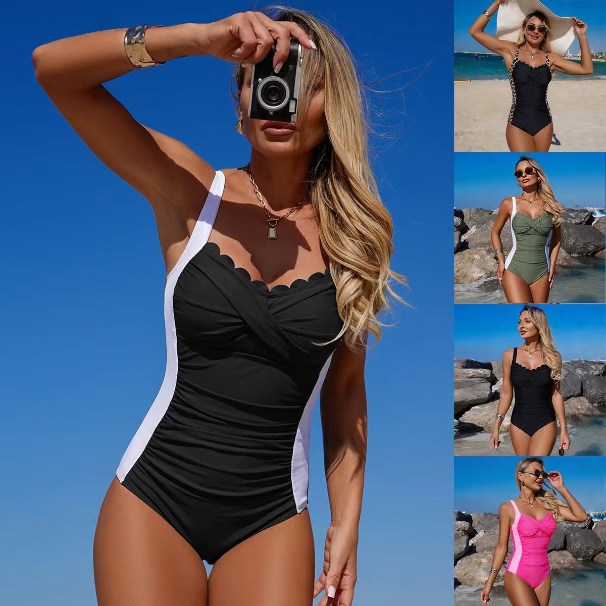 Swimsuit One Piece - Schwarzer Badeanzug mit Muschelkragen, verdrehter Frontpartie,
