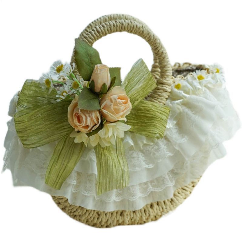 Beach Bag Straw - Umhängetasche aus gewebtem Lolita-Spitzenstroh im Landhausstil,