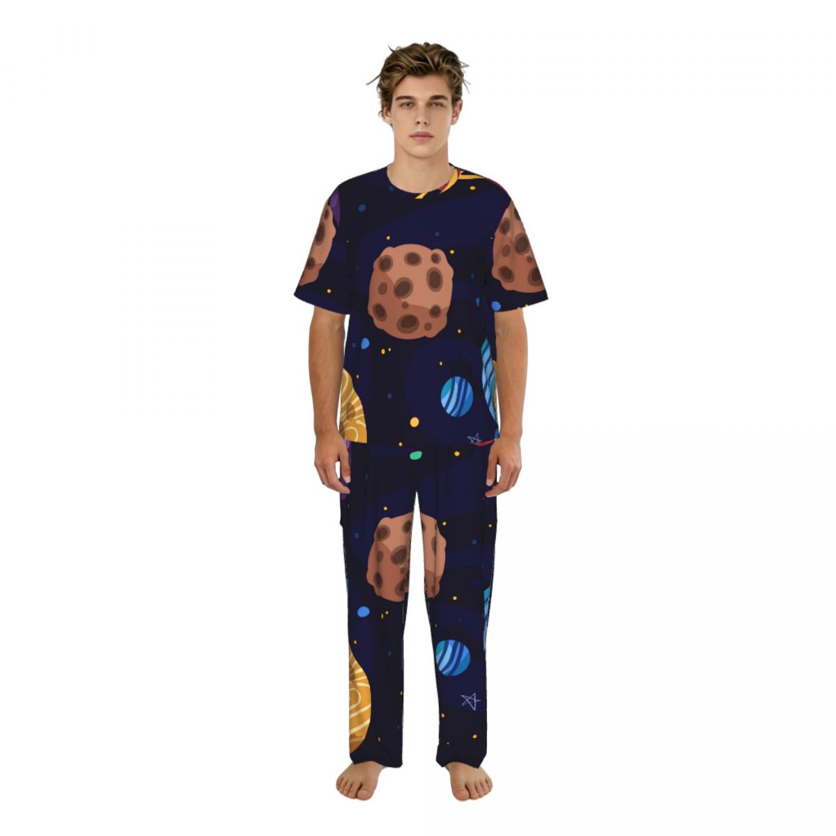 Summer Clothing Cartoon - Herren-Pyjama-Set Kurzärmelig mit Langer Hose Cartoon-Galaxie-Schlafanzug