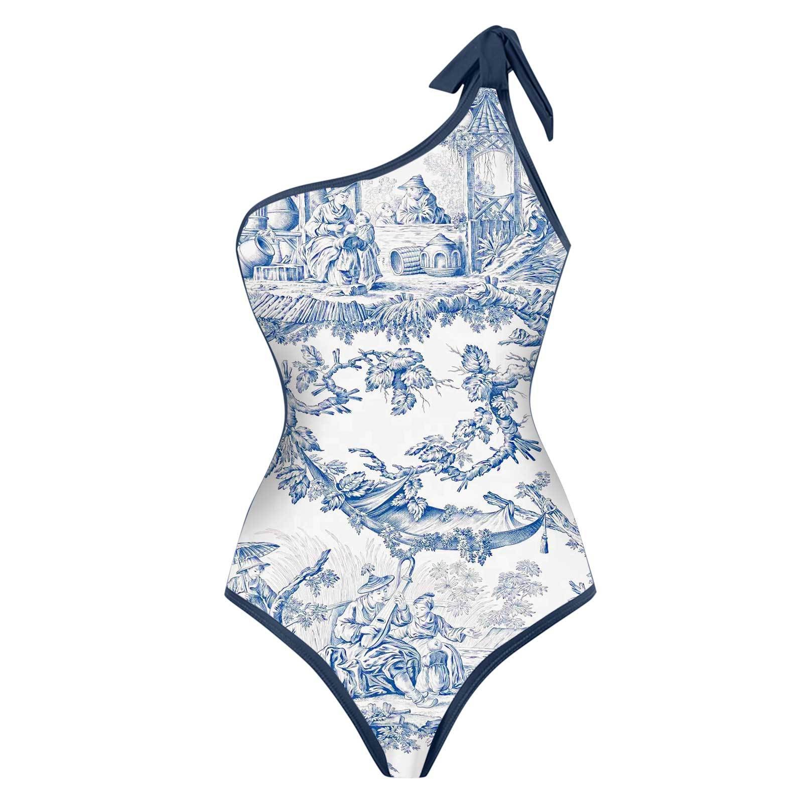 Swimsuit One Piece - Damen-Bikini, Tankini, blau-weißer Toile-Print, Bikinis, One-Shoulder-Badeanzug
