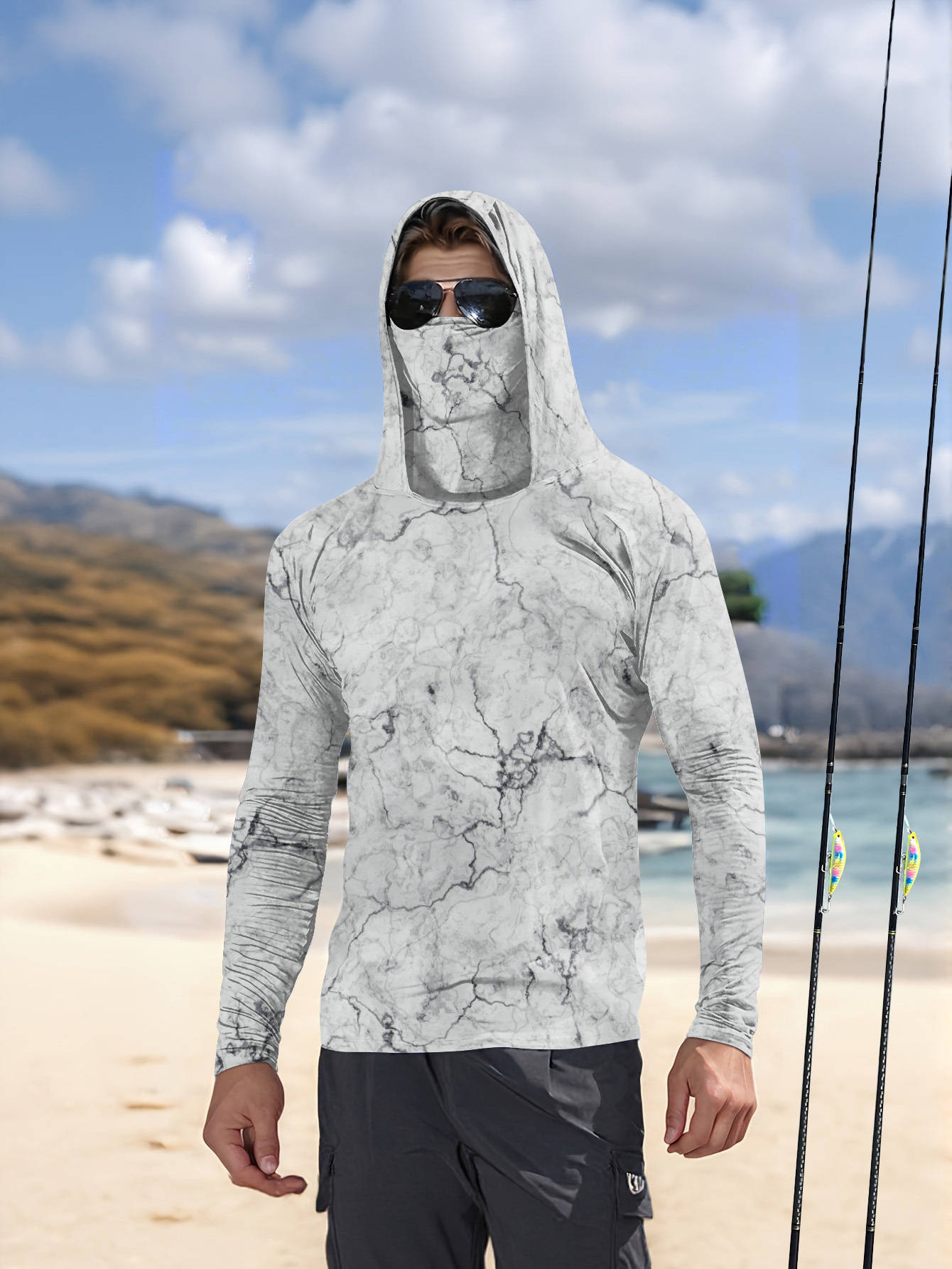 Summer Knit Clothing - Herren Angelhemd mit Kapuze, Langarm, Angelbekleidung,