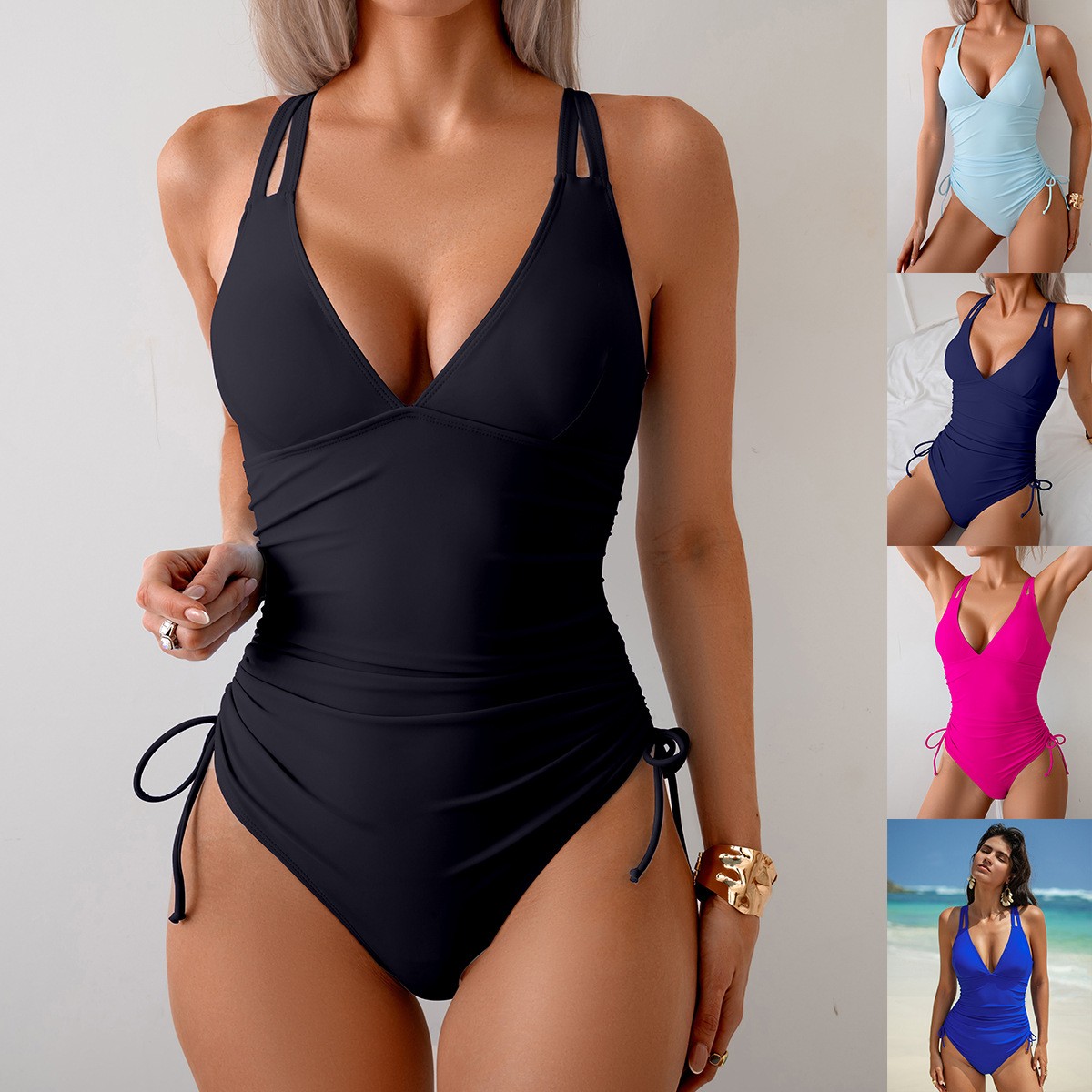 Swimsuit One Piece - Einteiliger Badeanzug in Schwarz mit V-Ausschnitt,