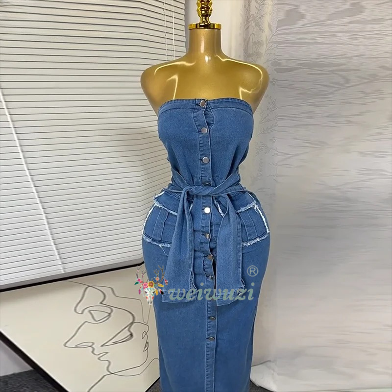 Summer Clothing Juniors - 2026 Damen Retro Trägerloses Jeanskleid Ärmellos