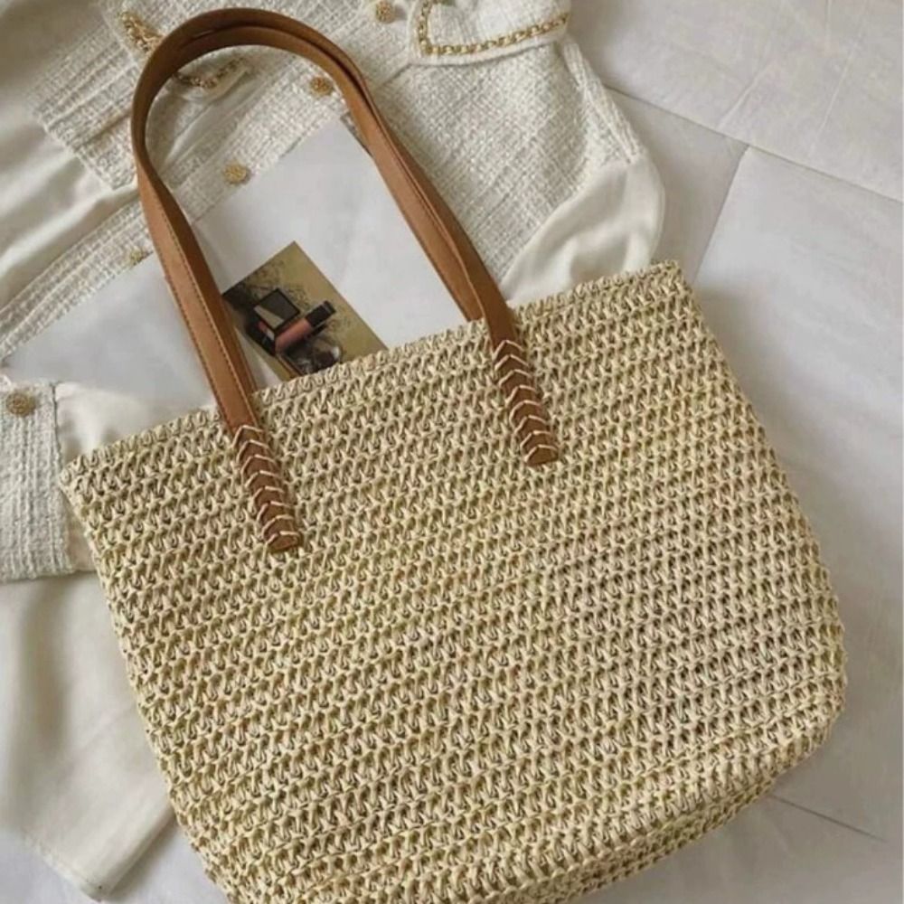 Beach Bag Straw - Niedliche Einfarbige Gewebte Stroh-Tragetasche Quadratische Geflochtene